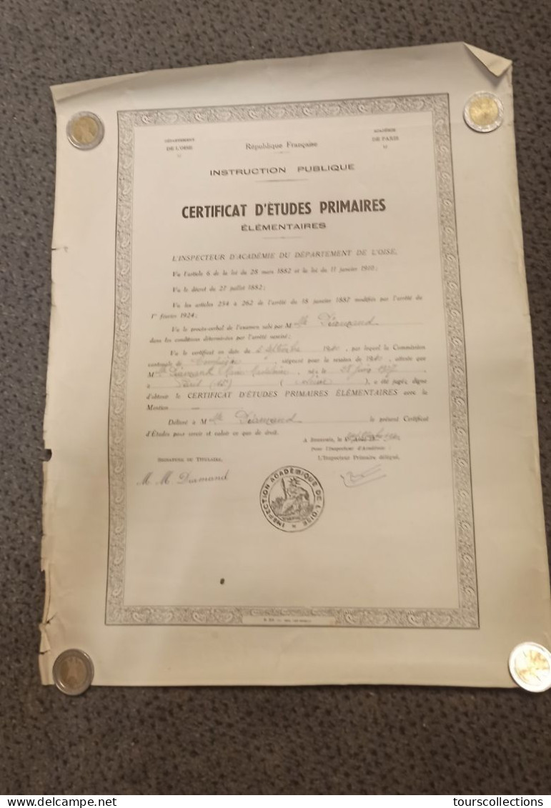 DIPLOME EDUCATION - CERTIFICAT D'ETUDES PRIMAIRES 1940 De Melle DIAMAND Née En 1927 à Paris. 3 Septembre 1940 WW2 Guerre - Diplômes & Bulletins Scolaires