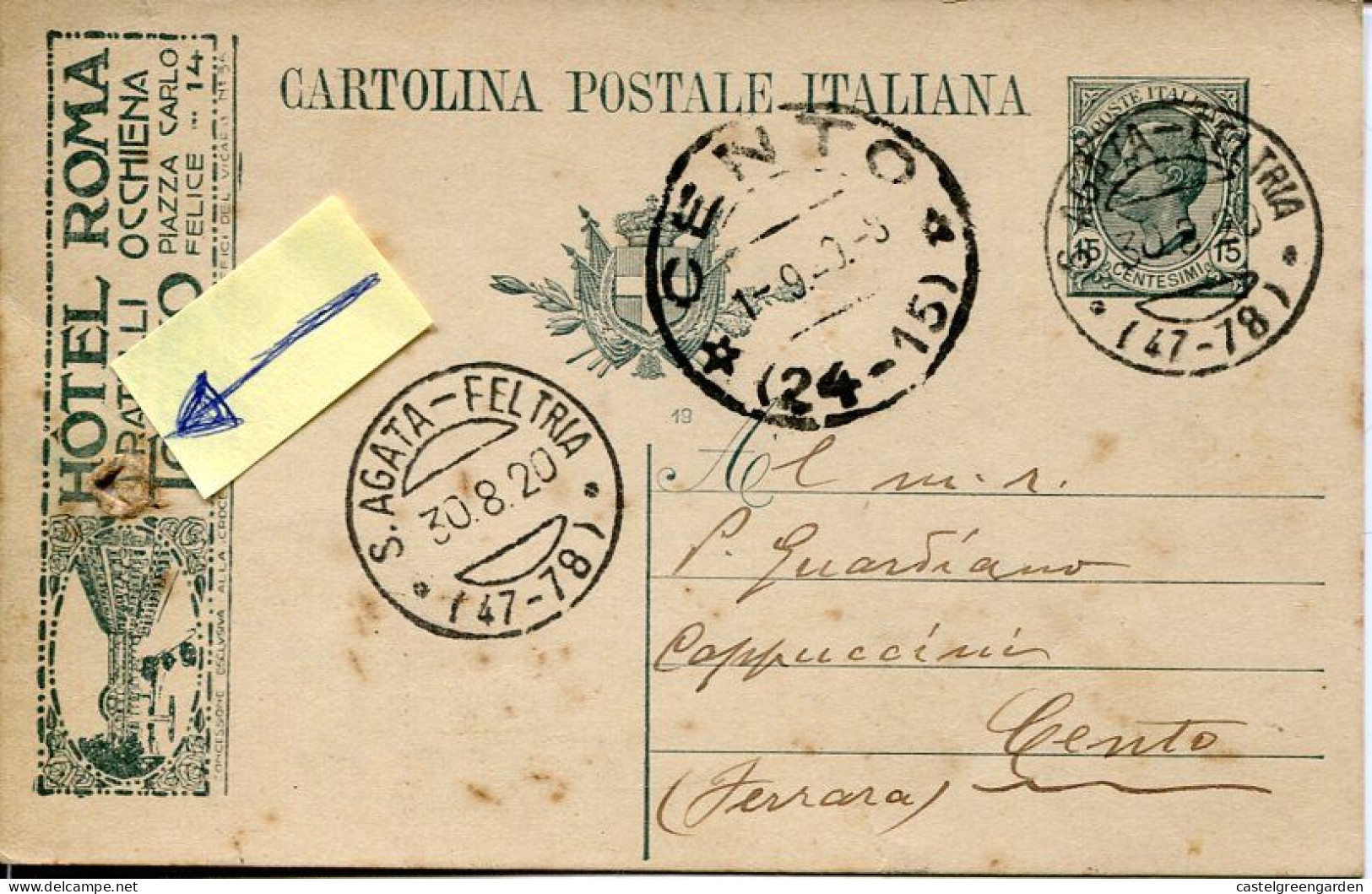 X0560 Italia,stationery Card Circuled 1920 With Advertising Hotel Roma Fratelli Occhiena Torino - Entiers Postaux