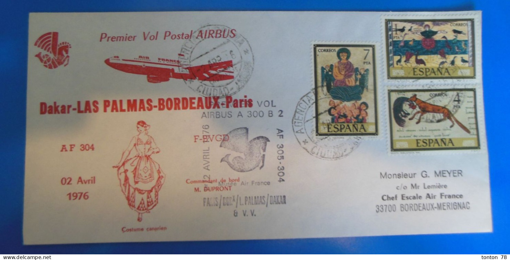 LETTRE 1er VOL POSTAL AIRBUS  -  DAKAR- LAS PALMAS- BORDEAUX- PARIS  -  VOIR RECTO VERSO - Covers & Documents