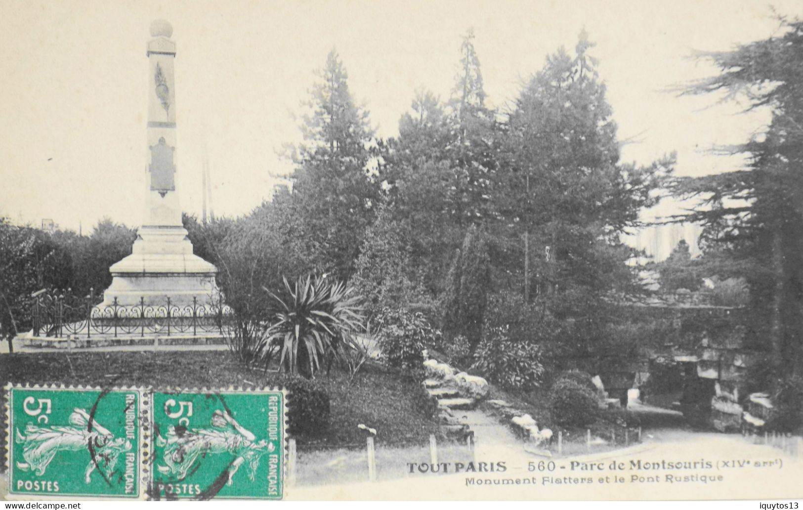 CPA. [75] > TOUT PARIS > N° 560 - Parc De Montsouris Monument Flatters Pont Rustique - (XIVe Arrt.) - 1911 - TBE - Arrondissement: 14