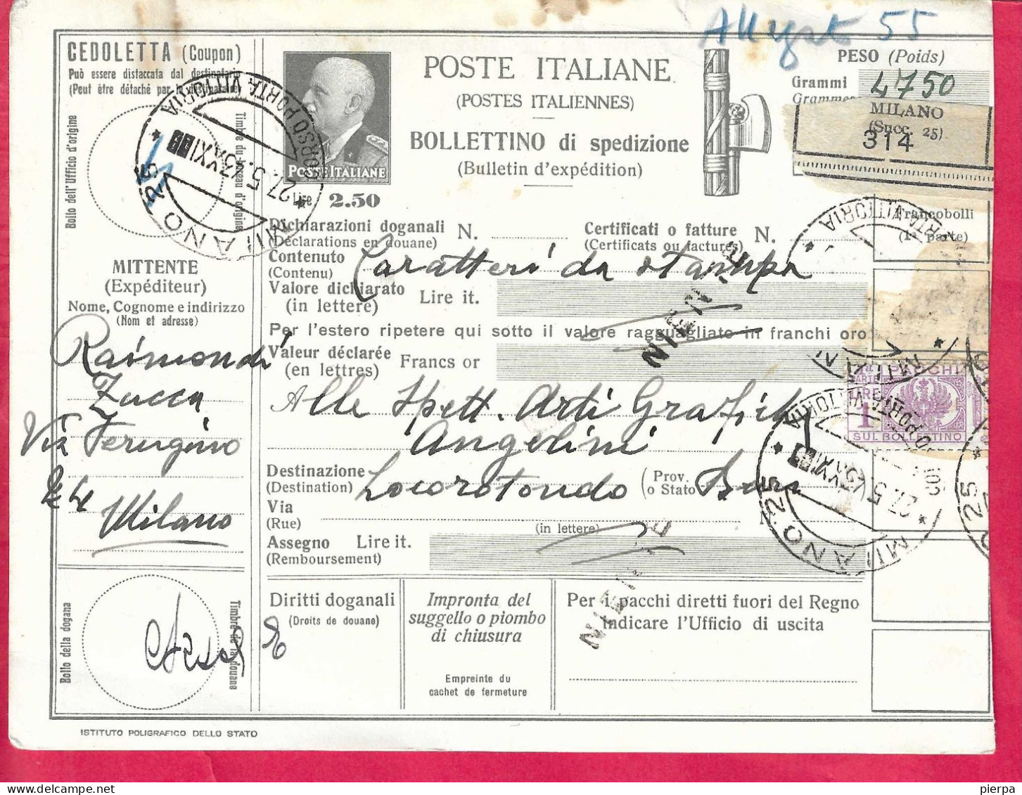 INTERO BOLLETTINO DI SPEDIZIONE (CAT. INT. 73) LIRE 2,50 - DA "MILANO 2 *27.5.43*/CORSO PORTA VITTORIA" PER LOCOROTONDO - Stamped Stationery