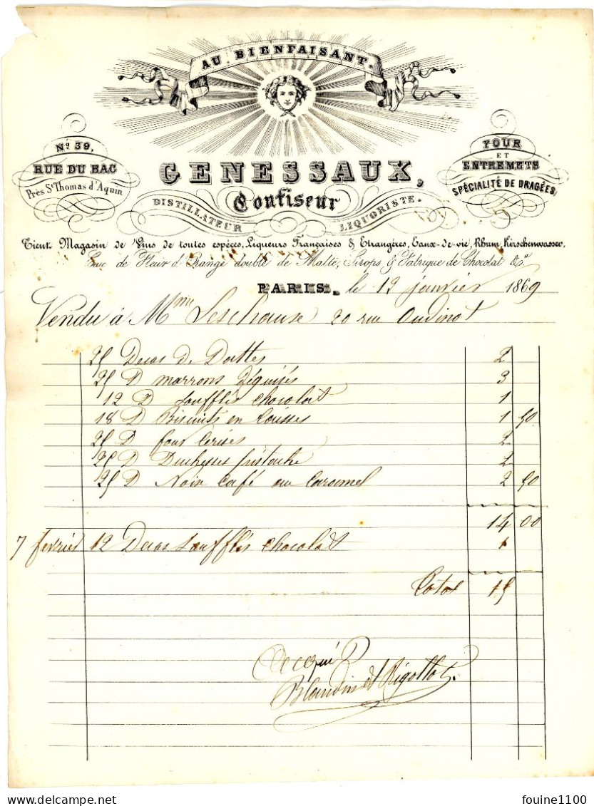 FACTURE Illustrée Année 1869 AU BIENFAISANT Confiseur GENESSAUX 39 Rue Du Bac à PARIS - 1800 – 1899