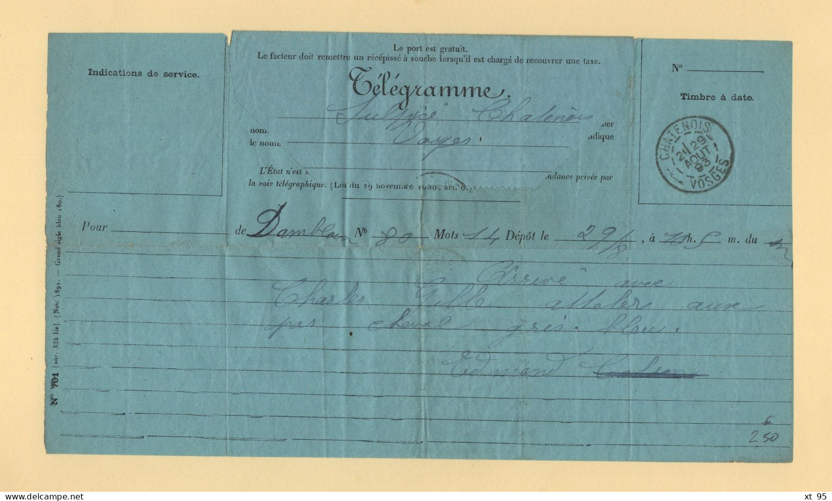 Chatenois - Vosges - 1893 - Telegramme - 1877-1920: Semi-Moderne