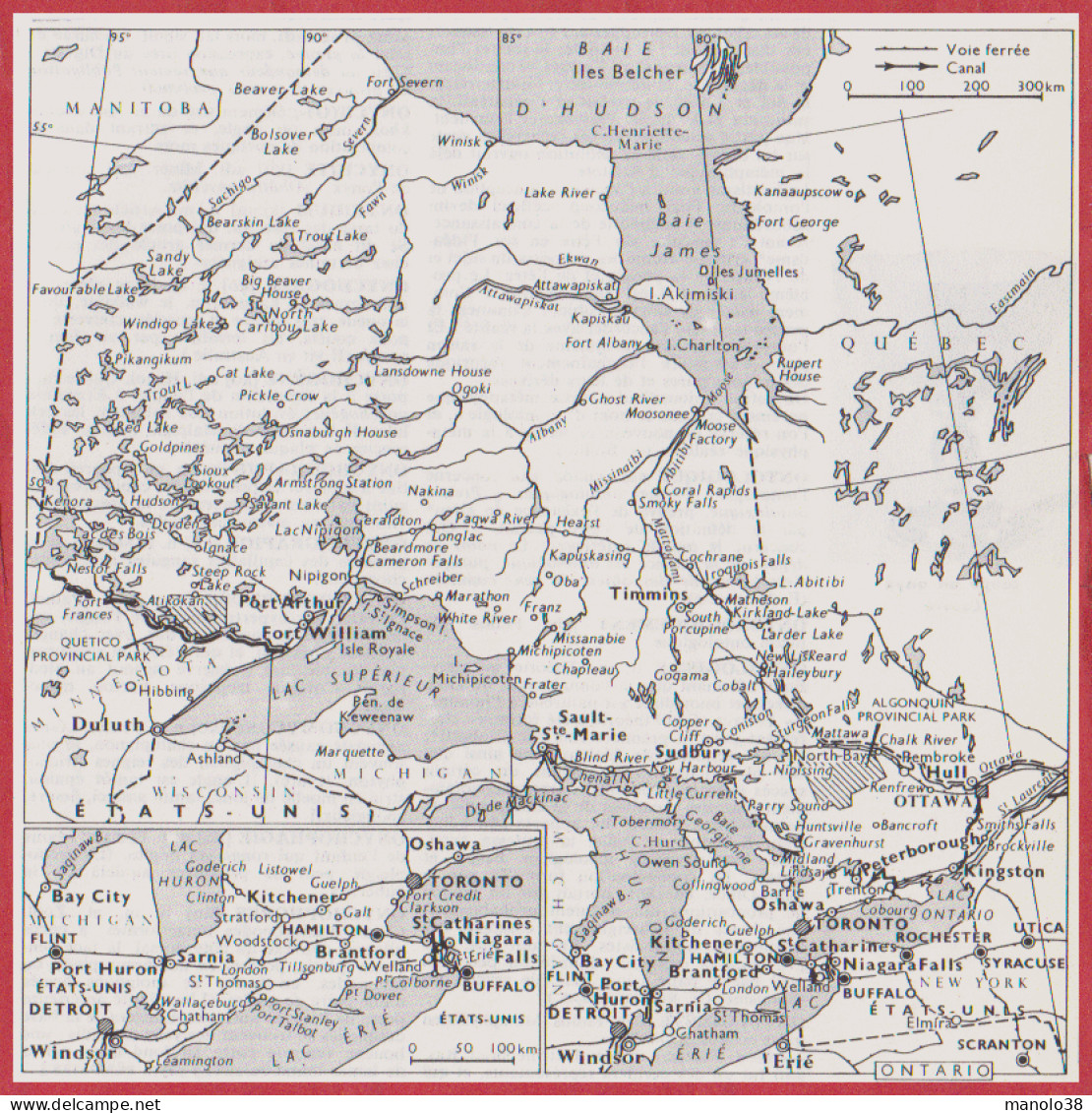 Province De L'Ontario. Canada. Carte Avec Voie Ferrée Et Canal. Larousse 1960. - Documenti Storici