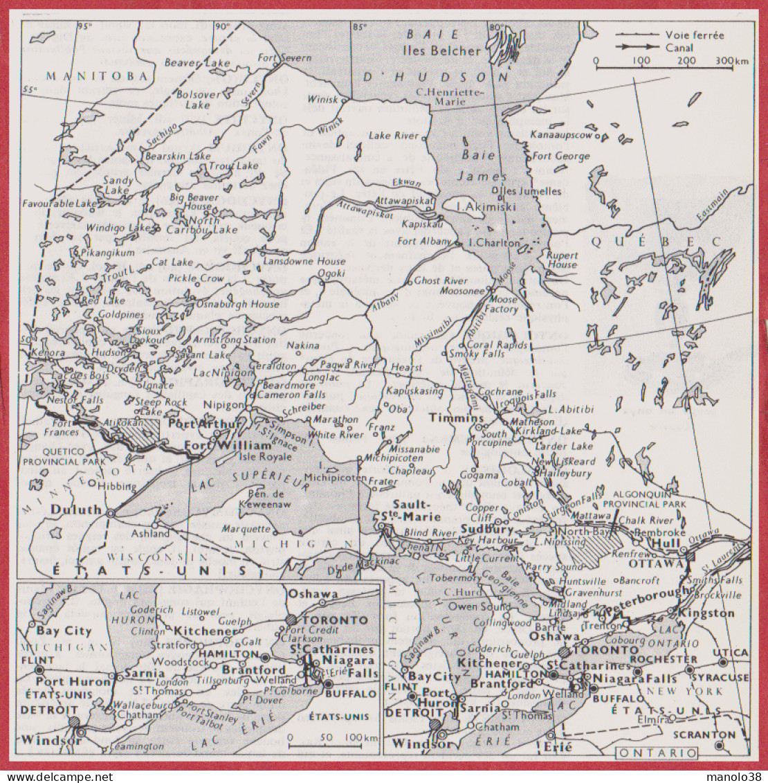 Province De L'Ontario. Canada. Carte Avec Voie Ferrée Et Canal. Larousse 1960. - Documentos Históricos