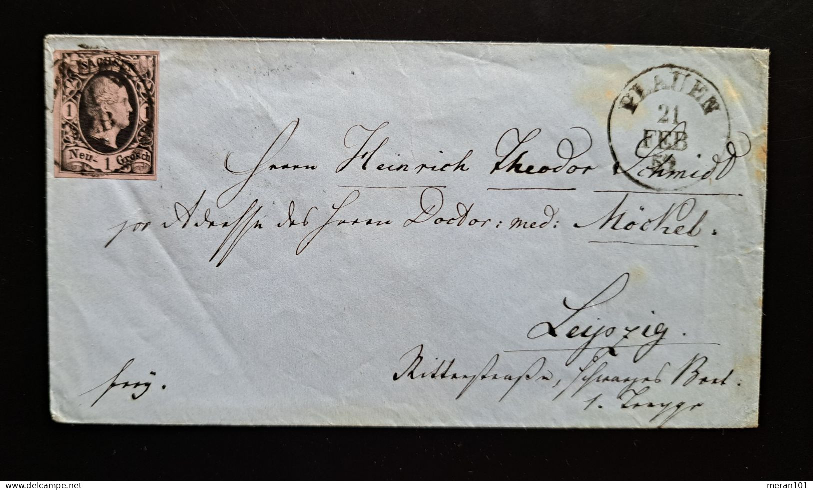Sachsen 1852, Brief PLAUEN 21. FEB Nach Leipzig, Mi 4 - Saxony