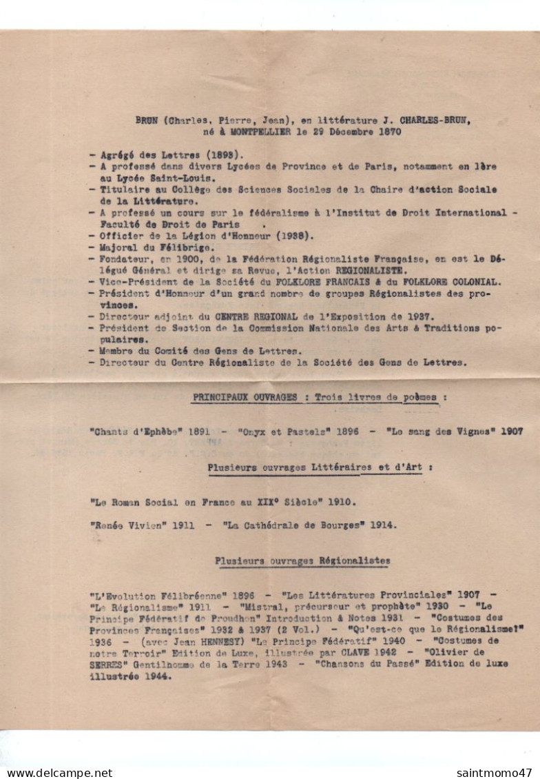 FÉDÉRATION RÉGIONALISTE FRANÇAISE . JEAN CHARLES-BRUN . FÉLIBRE NATIF DE MONTPELLIER . OCCITAN - Réf. N°13030 - - Unclassified