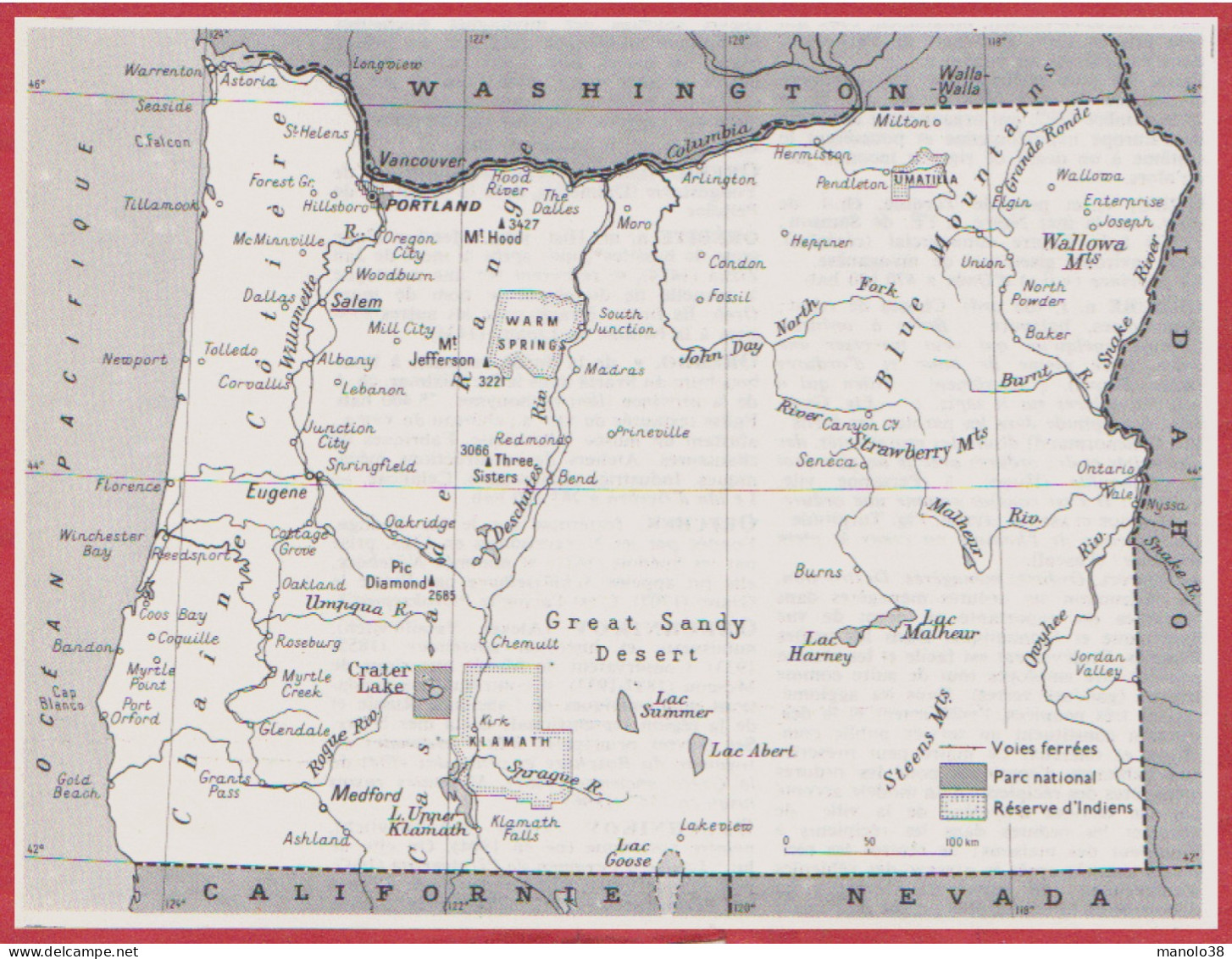 Oregon. Carte Avec Voie Ferrée, Parc National Et Réserve Indienne. Etats Unis. USA. Larousse 1960. - Historical Documents