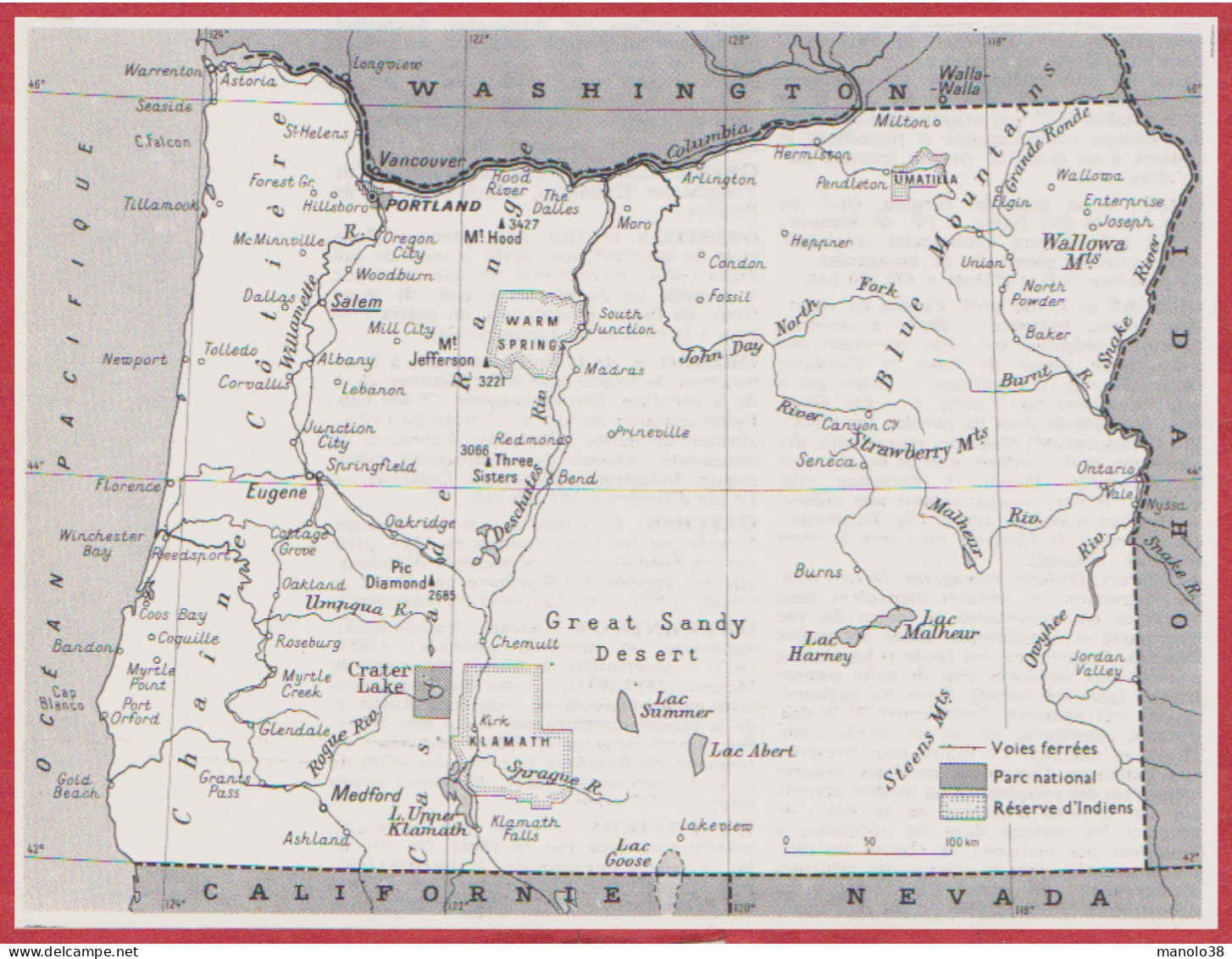 Oregon. Carte Avec Voie Ferrée, Parc National Et Réserve Indienne. Etats Unis. USA. Larousse 1960. - Historische Dokumente