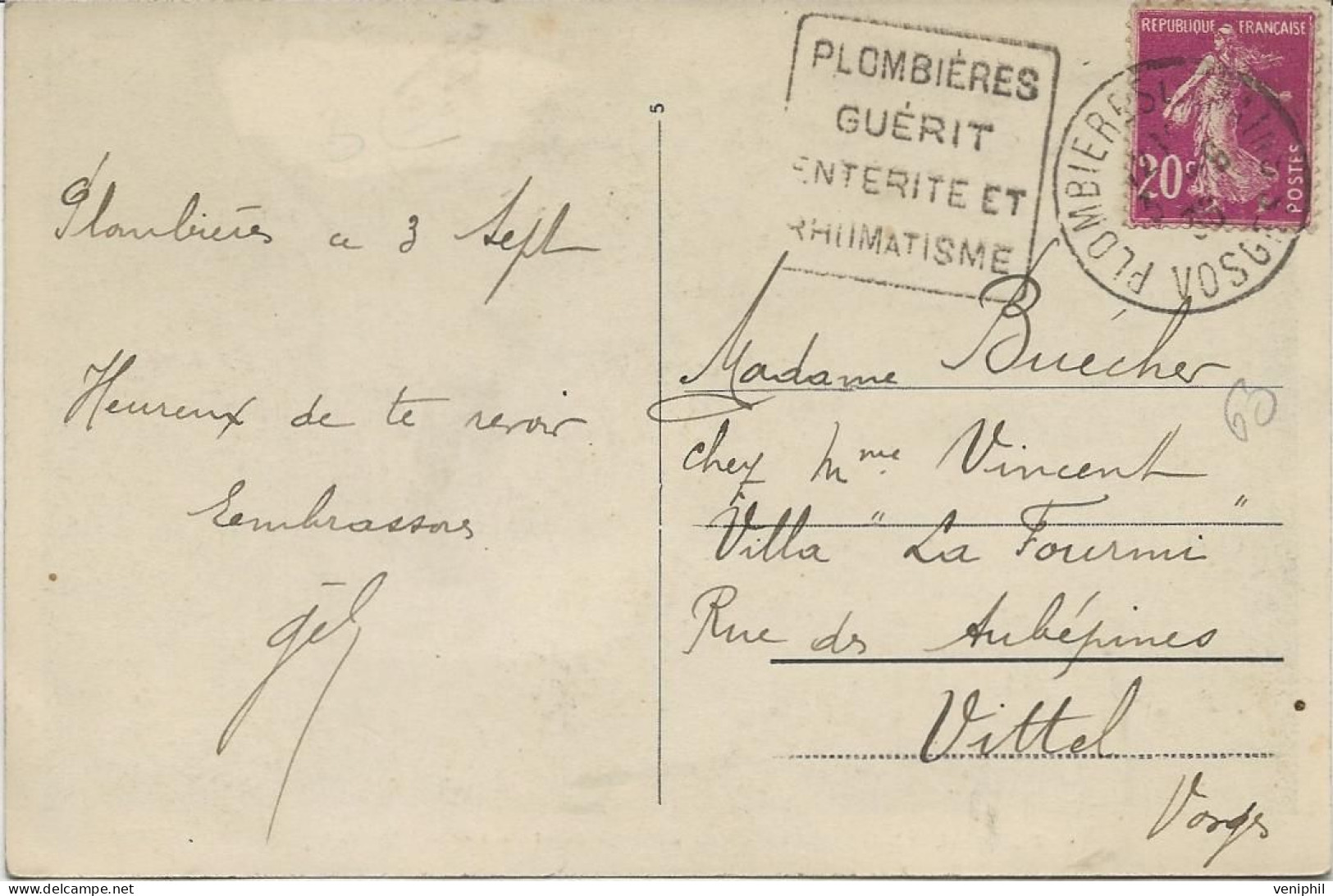 CARTE PLOMBIERES -VOSGES -OBLITERATION DAGUIN " PLOMBIERES GUERIT / ENTERITE ET RHUMATISMRS " AFFRANCHIE N° 190 - 1933 - Mechanical Postmarks (Other)