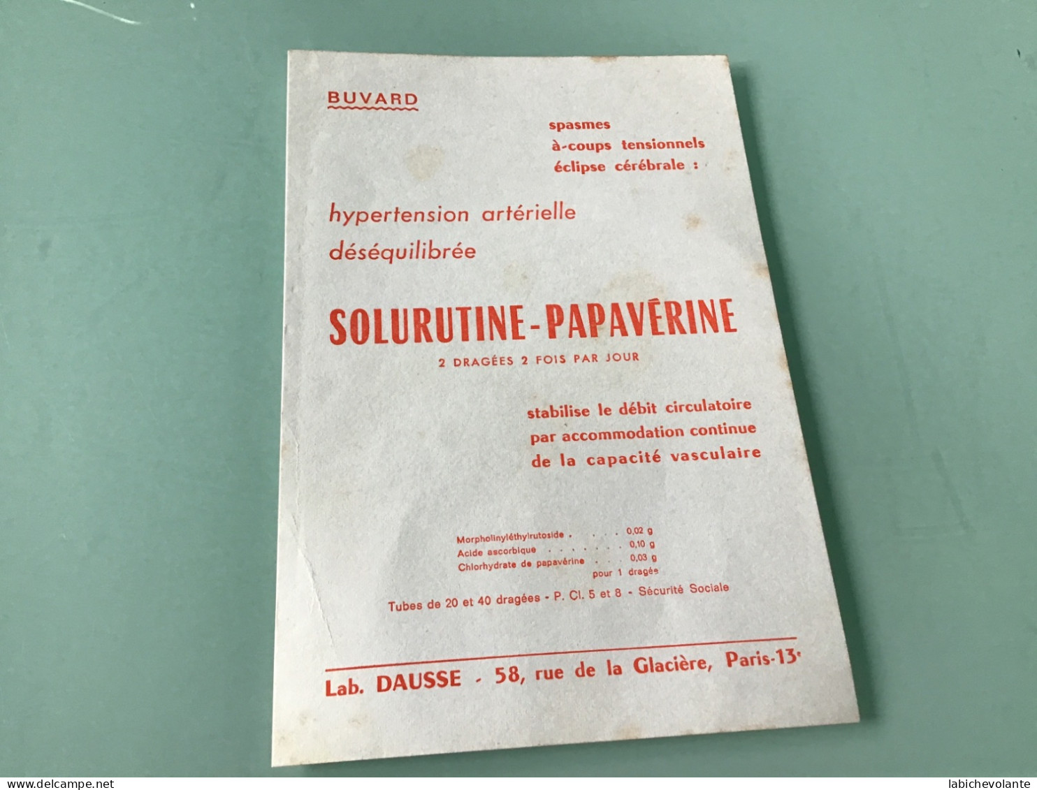 Buvard  - SOLURUTINE-PAPAVÉRINE - Produits Pharmaceutiques
