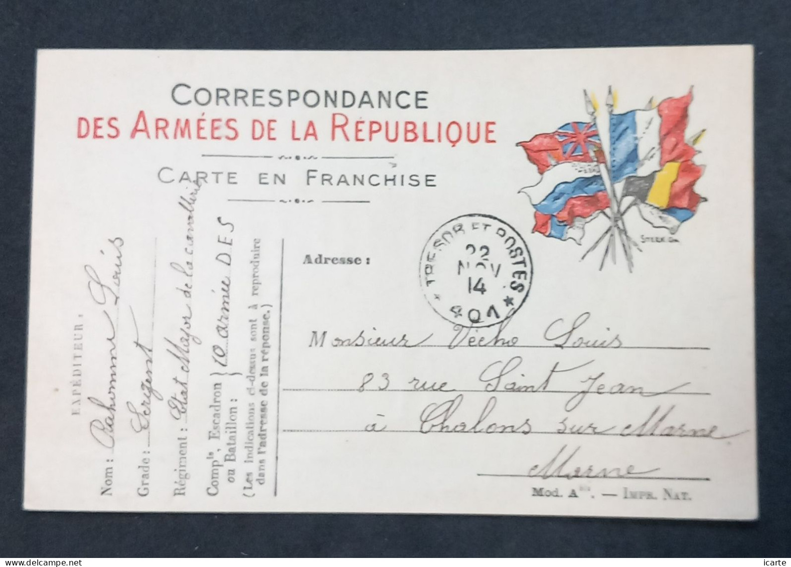 Carte De Franchise Militaire Modèle A Bis Oblitérée Trésor Et Postes 401 Du 22 Nov 1914 Cavalerie Maroc - WW I