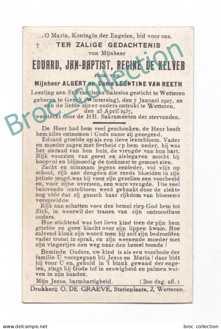 Genck (Winterslag), Wetteren, Doodsprentje Van Eduard Jean-Baptist Regine De Kelver, 25/04/1937, 9 Ans, Kind, Enfant - Devotion Images