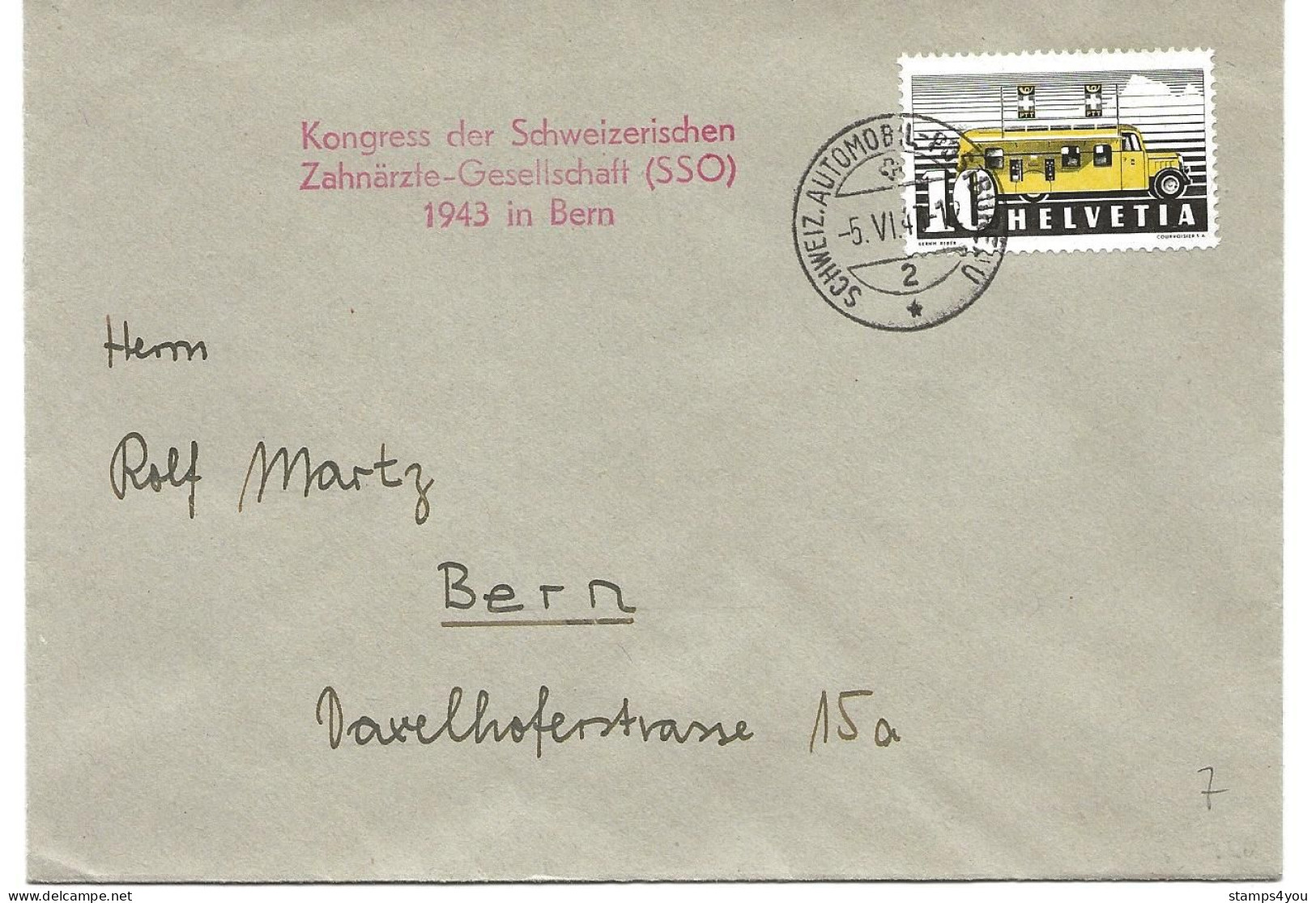 112 - 14 - Enveloppe Avec Oblit Spéciale "Kongress Der CH Zahnärtzte Geselschaft 1943 Bern" - Marcophilie