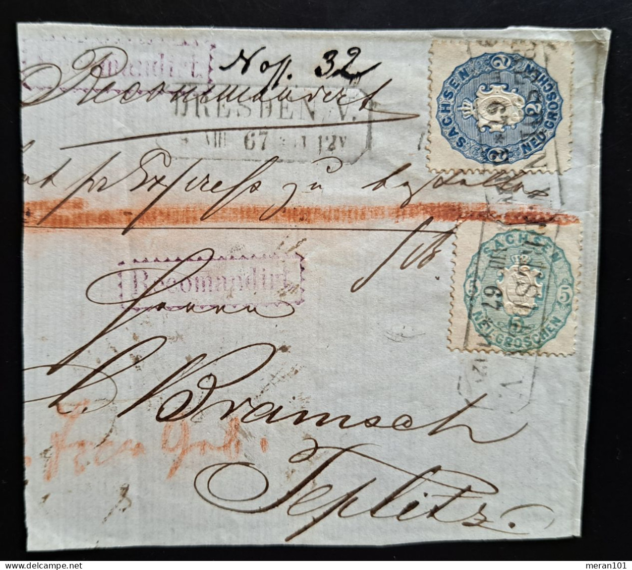 Sachsen 1867, Reko-Briefstück DRESDEN Mi 17+19 - Saxony