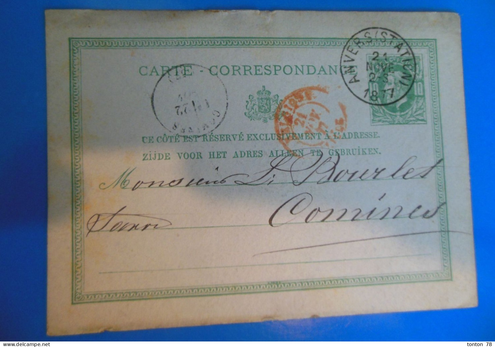 ENTIER POSTAL SUR CARTE CORRESPONDANCE -  BELGIQUE  -  TAMPON ROUGE ORANGE - Kartenbriefe