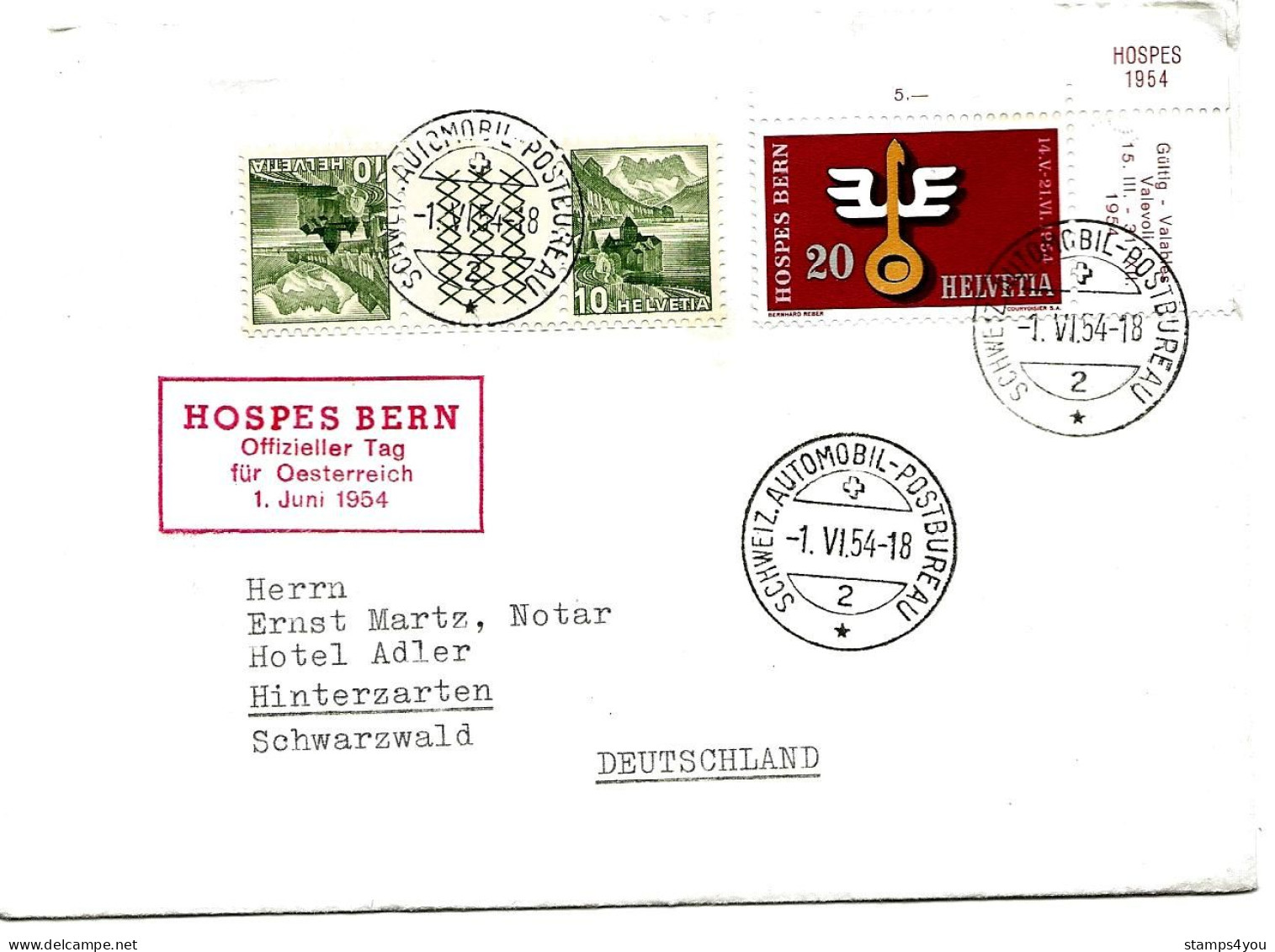 112 - 32 - Enveloppe Avec Oblit Spéciale "Hospes Bern Offizieller Tag Für Oesterreich 1954" - Marcophilie