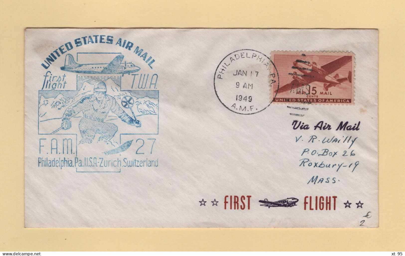 Etats Unis - 1er Vol - Philadelphie Suisse - 1949 - Ski - 2c. 1941-1960 Covers