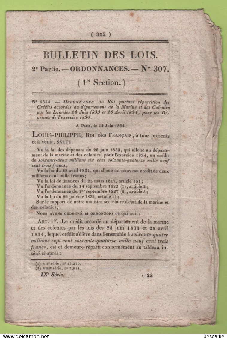 1834 BULLETIN DES LOIS - CREDITS MARINE ET COLONIES - PONT SUSPENDU SUR L'AIN A SERRIERES - Wetten & Decreten