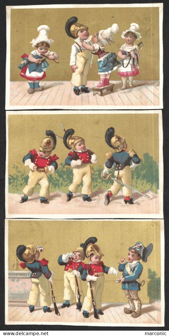 6 Chromos DOREES Dos Vierge - Les POMPIERS CUIRASSIERS -  Enfants, Maire, Garde Champêtre - MILITARIA - Autres & Non Classés