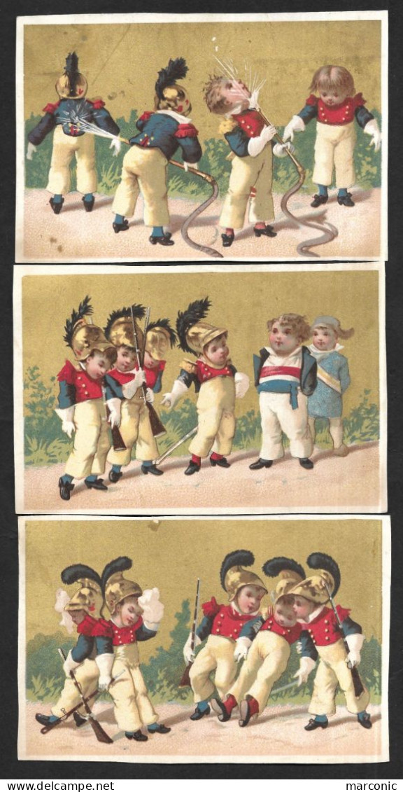 6 Chromos DOREES Dos Vierge - Les POMPIERS CUIRASSIERS -  Enfants, Maire, Garde Champêtre - MILITARIA - Autres & Non Classés