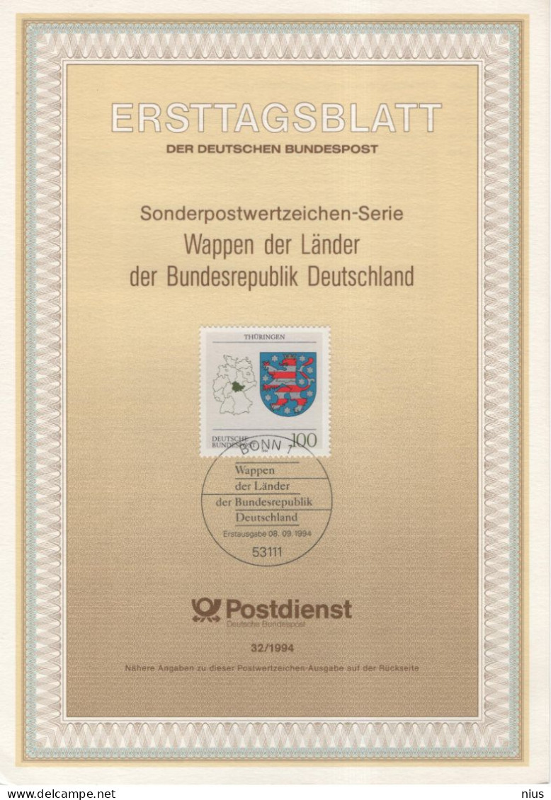 Germany Deutschland 1994-32 Wappen Und Lander, Thuringen, Canceled In Bonn - 1991-2000