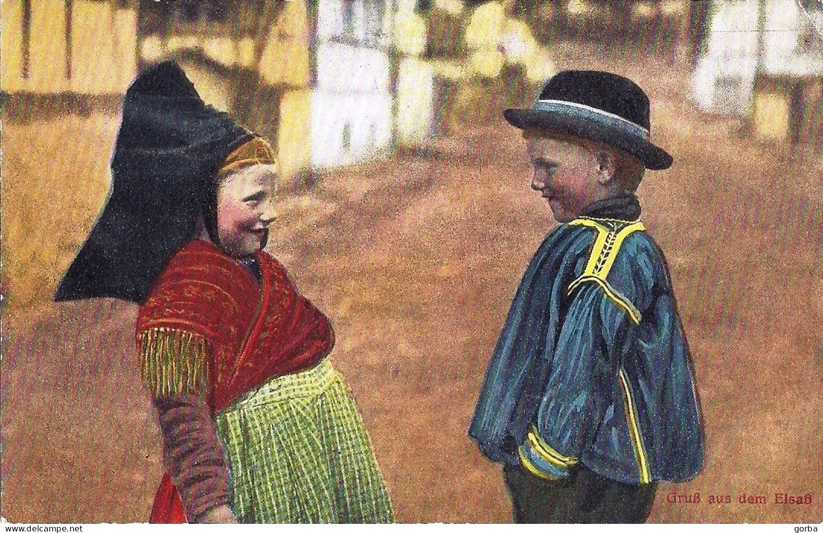 *CPA - Gruss Aus Dem Elsass - Bonjour D'Alsace - Couple D'enfant En Costume Traditionnel - Colorisée - Costumes