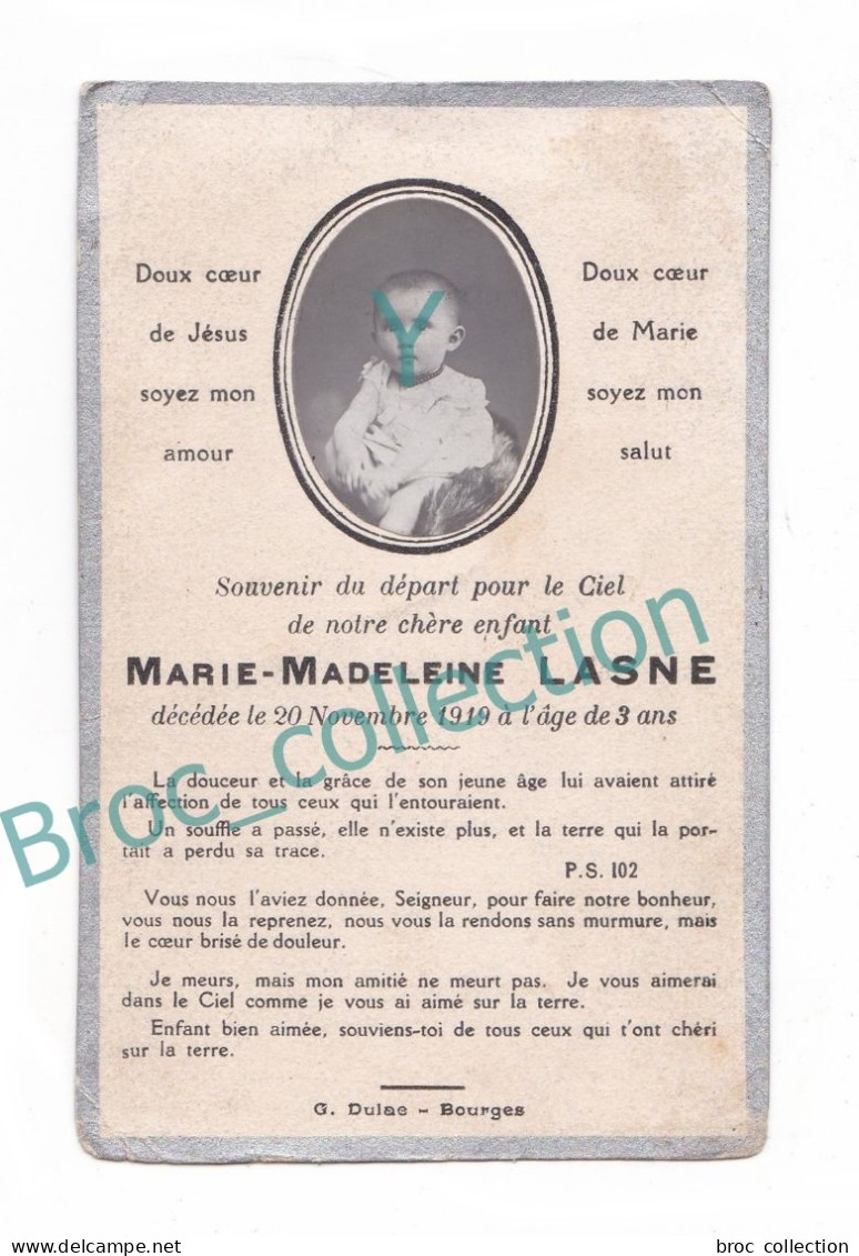 Mémento De Marie-Madeleine Lasne, 20/11/1919, 3 Ans, Enfant, Fillette, Bébé, Souvenir Mortuaire, Bourges Ou Environs - Andachtsbilder