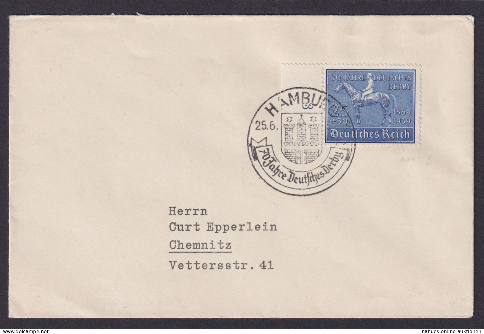 Hamburg Deutsches Reich Brief Chemnitz Sachsen SST 70 Jahre Deutsches Derby - Covers & Documents