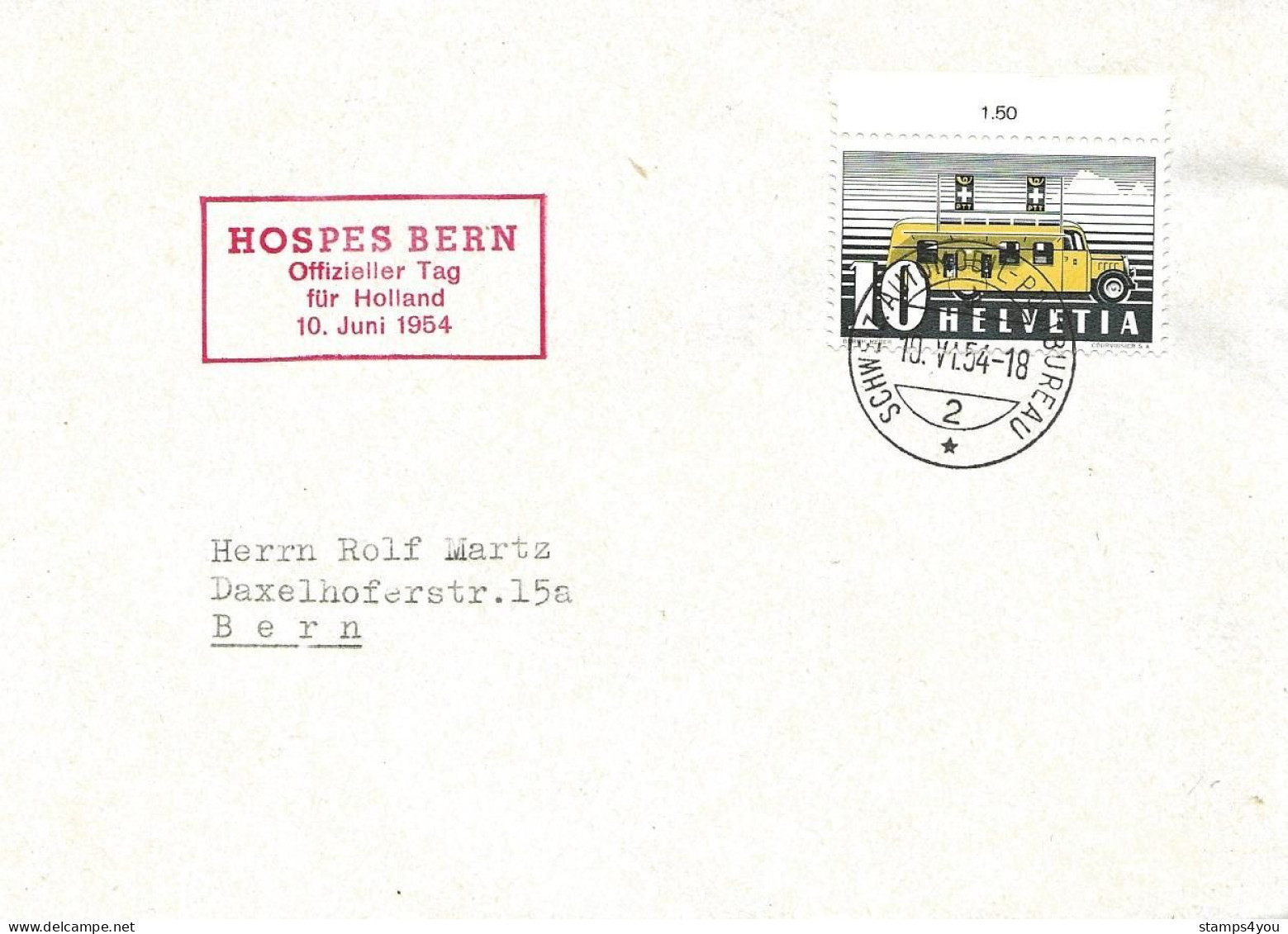 112 - 35 - Enveloppe Avec Oblit Spéciale "Hospes Bern Offizieller Tag Für Holland 1954" - Marcofilie