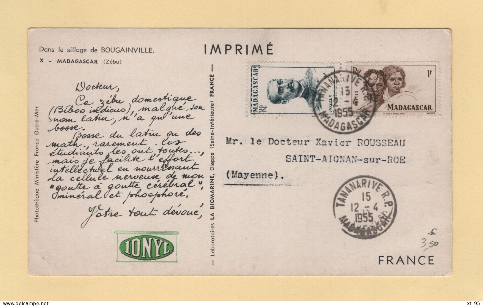 Madagascar - 1955 - Carte Plasmarine Ionyl - Dans Le Sillage De Bougainville - Zebu - Covers & Documents