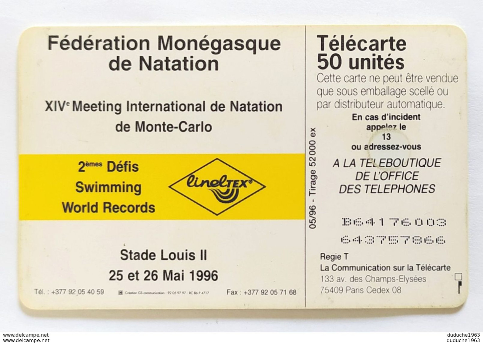 Télécarte Monaco - Fédération Monégasque De Natation - Monace