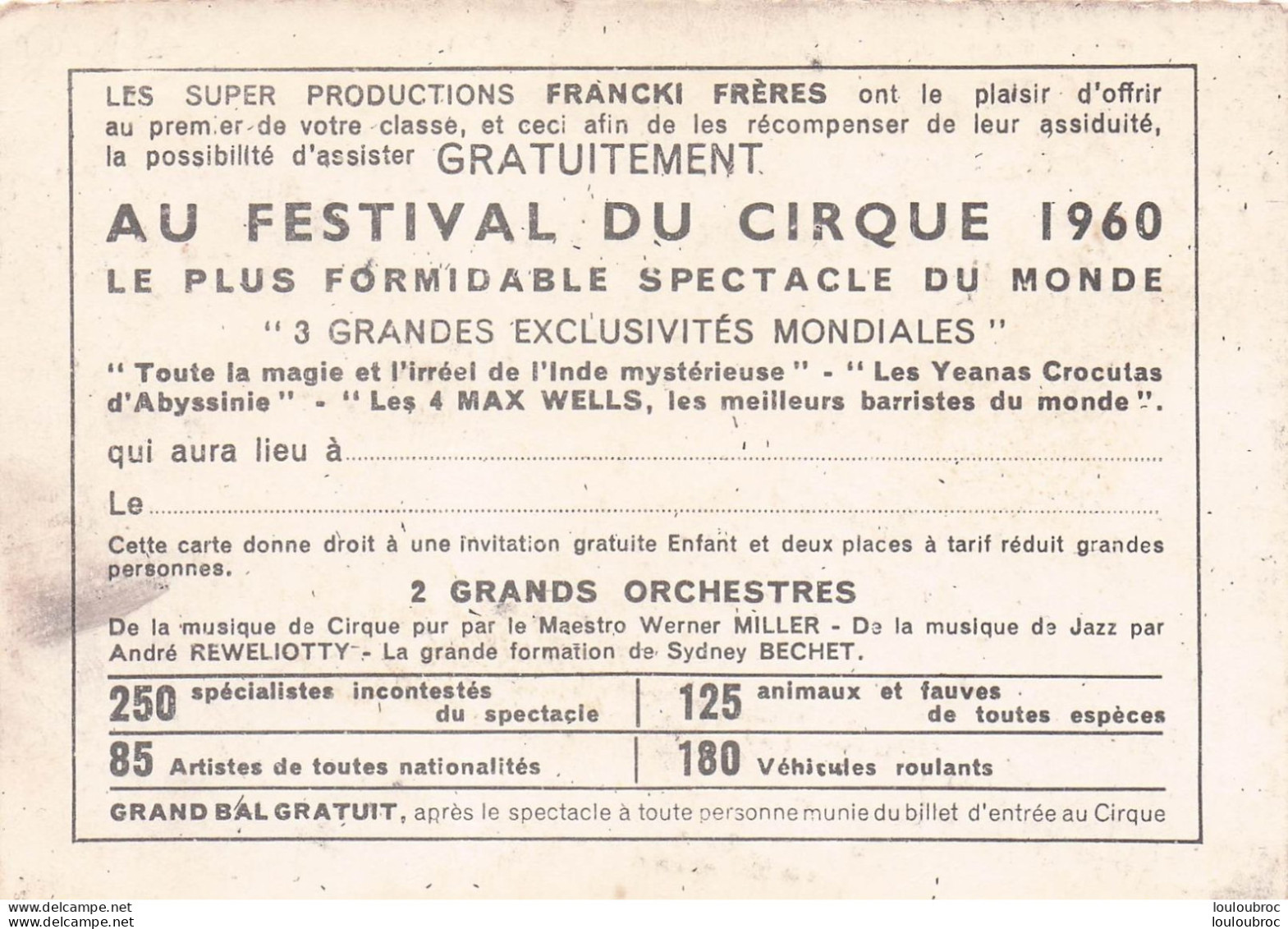 CIRQUE LES FRERES FRANCKI  INVITATION AU FESTIVAL DU CIRQUE 1960 - Circo