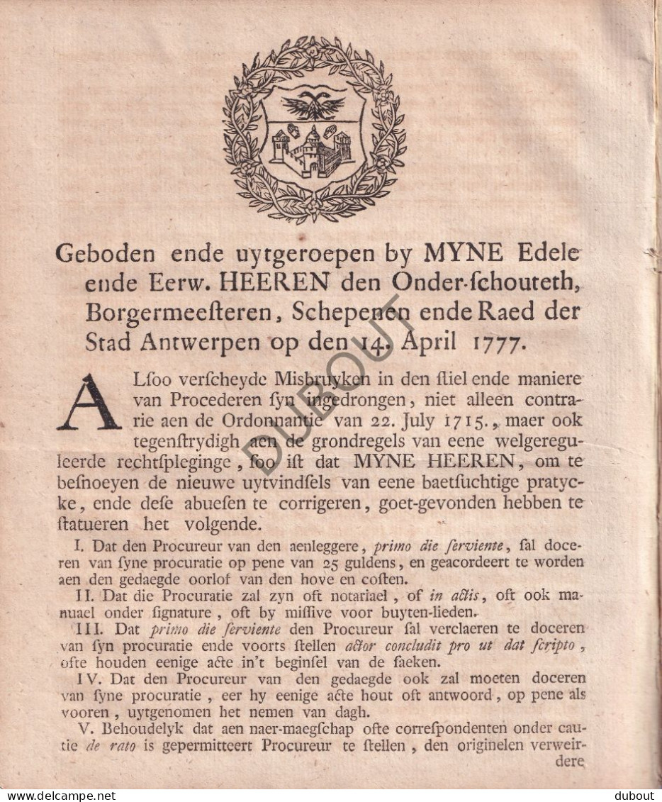 Antwerpen, 1777 - Manier Van Procederen Vastgelegd Door De Stad Antwerpen - Drukkerij J. Grangé  (V3115) - Antiquariat