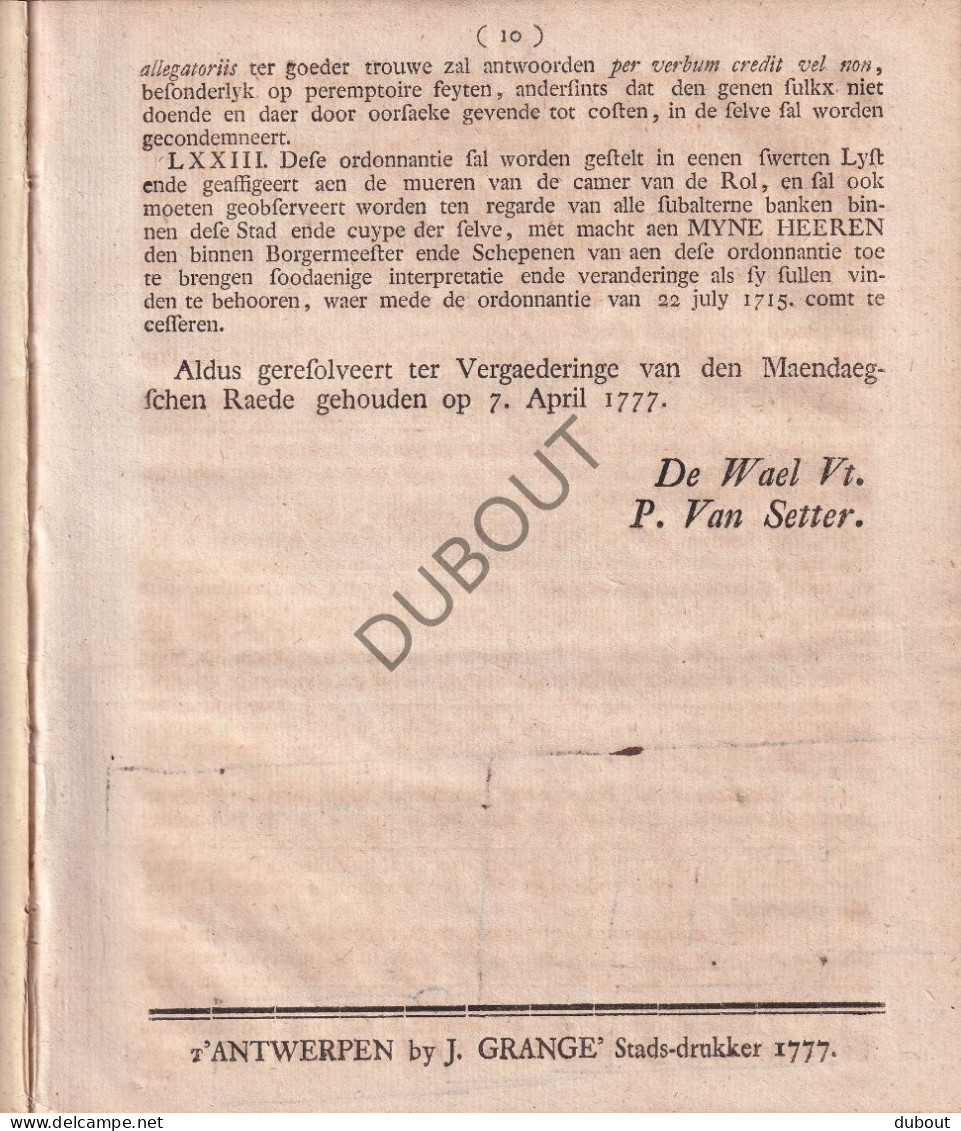 Antwerpen, 1777 - Manier Van Procederen Vastgelegd Door De Stad Antwerpen - Drukkerij J. Grangé  (V3115) - Oud