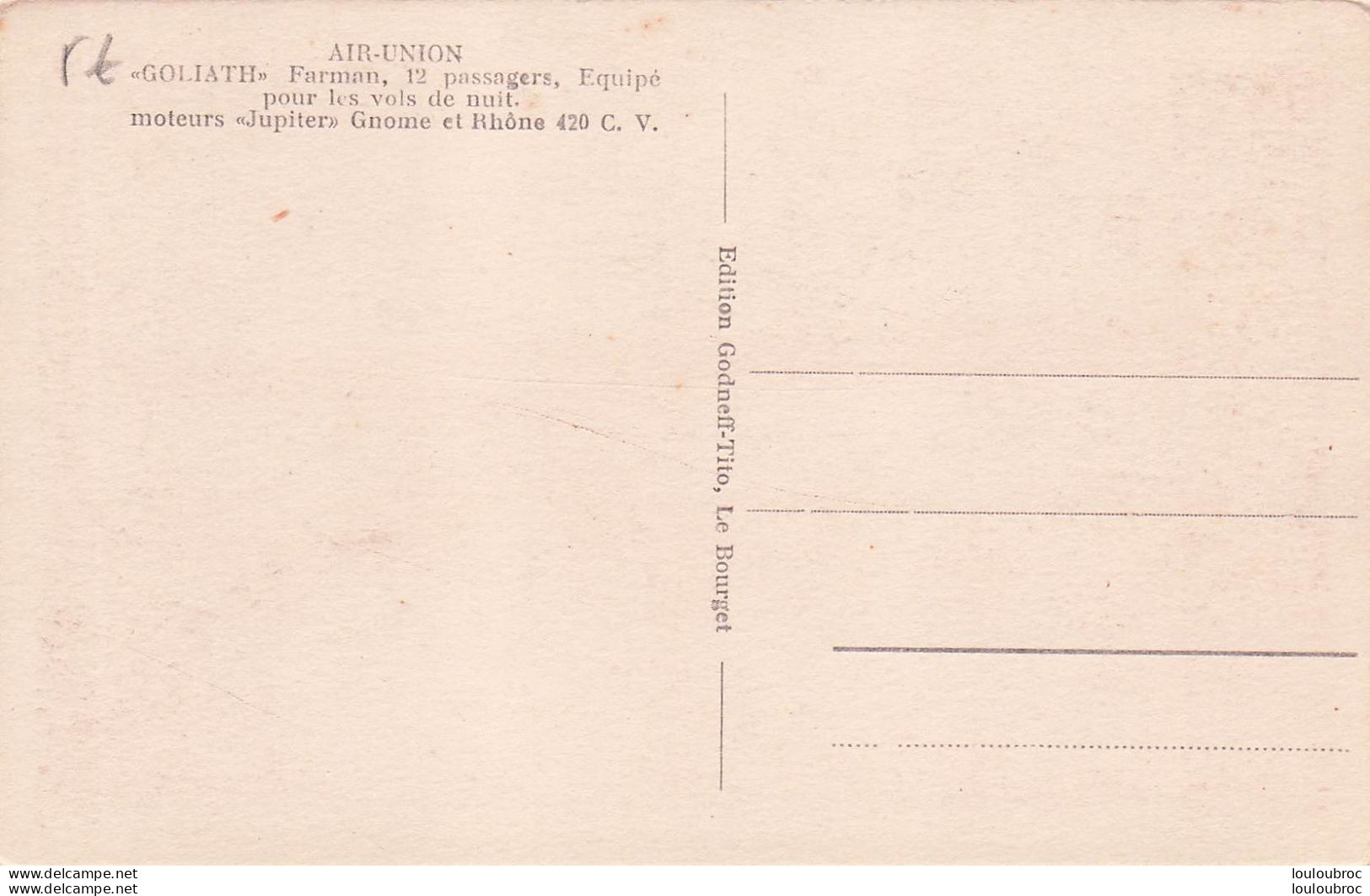 LE " GASCOGNE " GOLIATH FARMAN DE LA COMPAGNIE AIR-UNION *12 PASSAGERS * EQUIPE POUR LES VOLS DE NUIT - 1919-1938: Fra Le Due Guerre