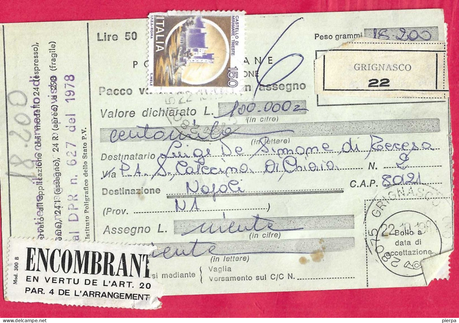 BOLLETTINO PACCHI LIRE 50 SU VERDINO (INT. 138C/1) DA GRIGNASCO *22.10.1981* PER NAPOLI - Stamped Stationery