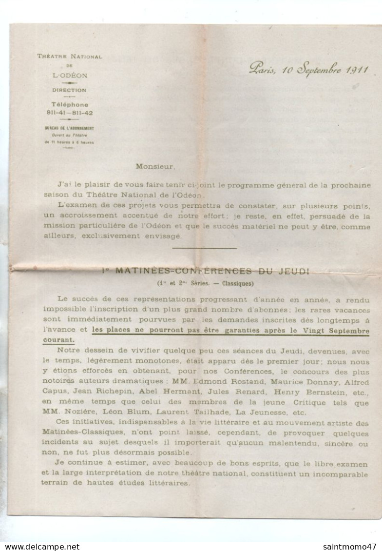 PROGRAMME . THÉÂTRE NATIONAL DE L'ODÉON 1911 . PARIS - Réf. N°13031 - - Programmes