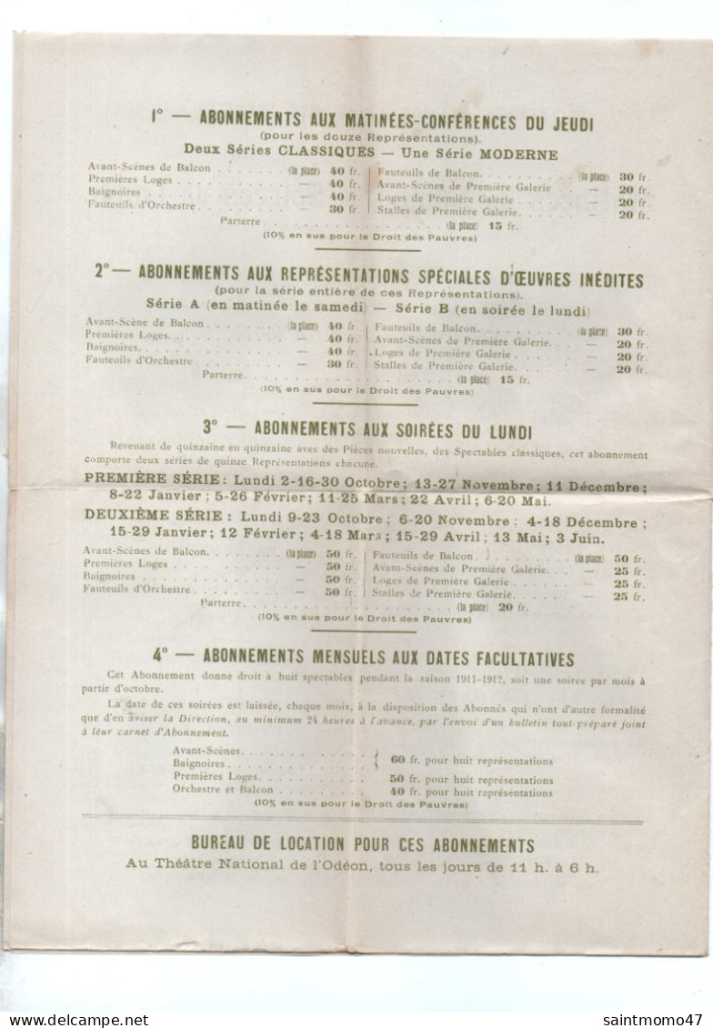 PROGRAMME . THÉÂTRE NATIONAL DE L'ODÉON 1911 . PARIS - Réf. N°13031 - - Programmes