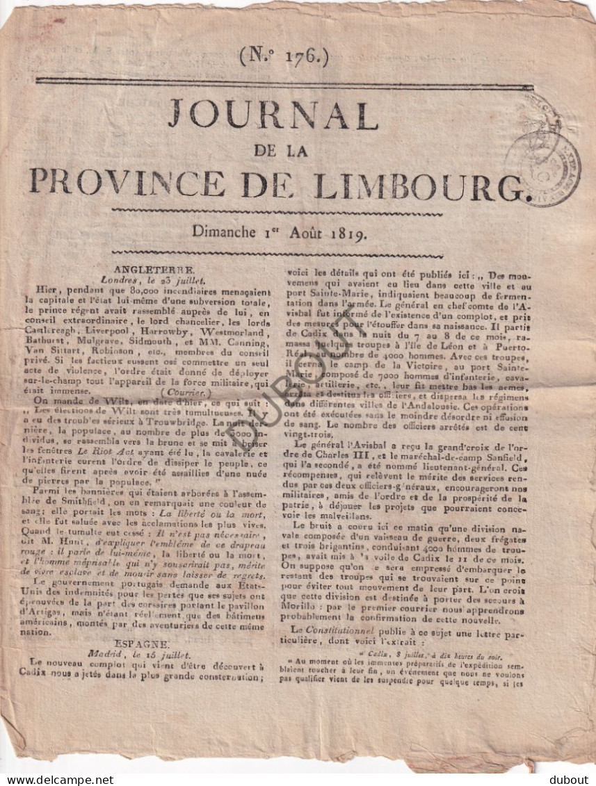 Limburg, Maastricht - Krant Journal De La Province De Limbourg 1819  (V3125) - Trödler & Sammler