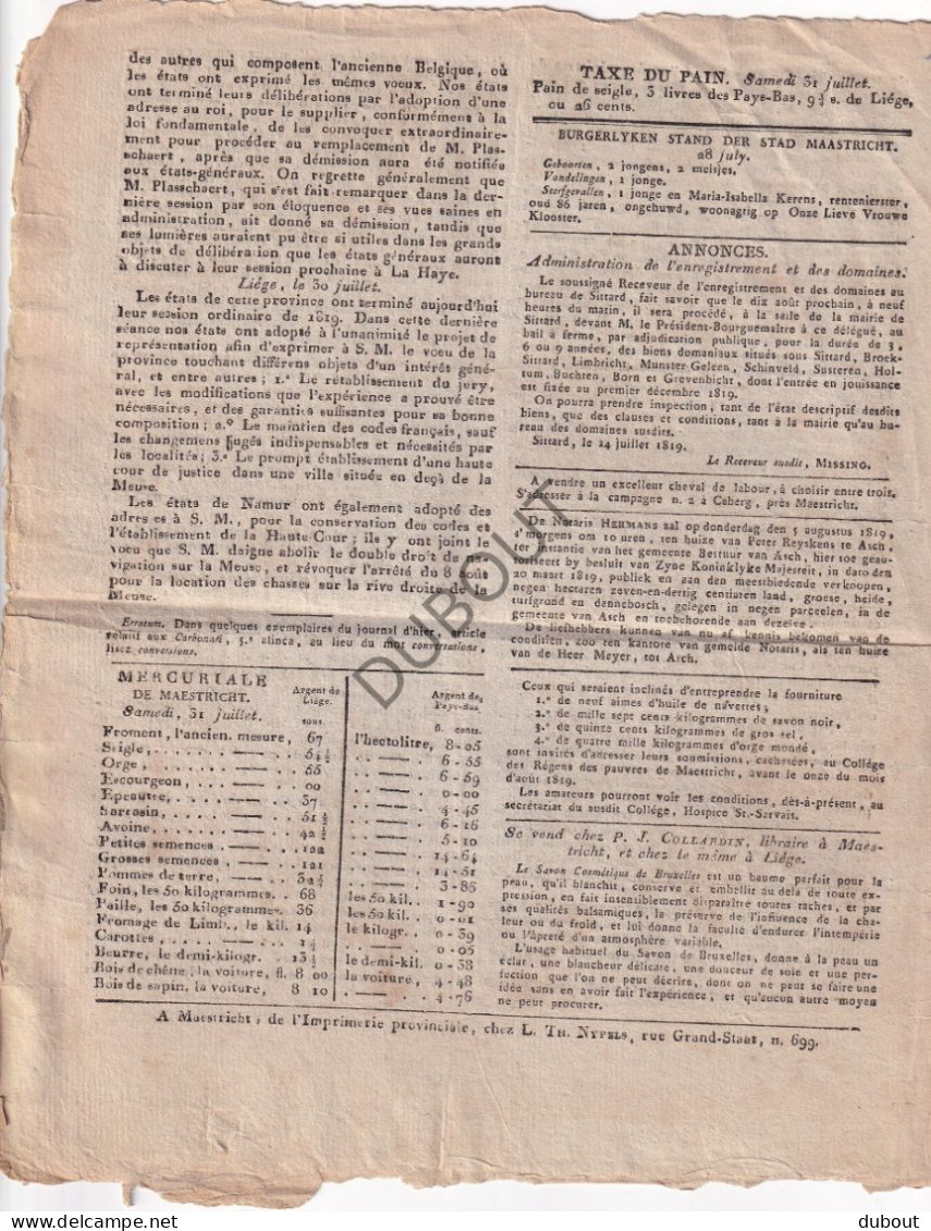 Limburg, Maastricht - Krant Journal De La Province De Limbourg 1819  (V3125) - Trödler & Sammler