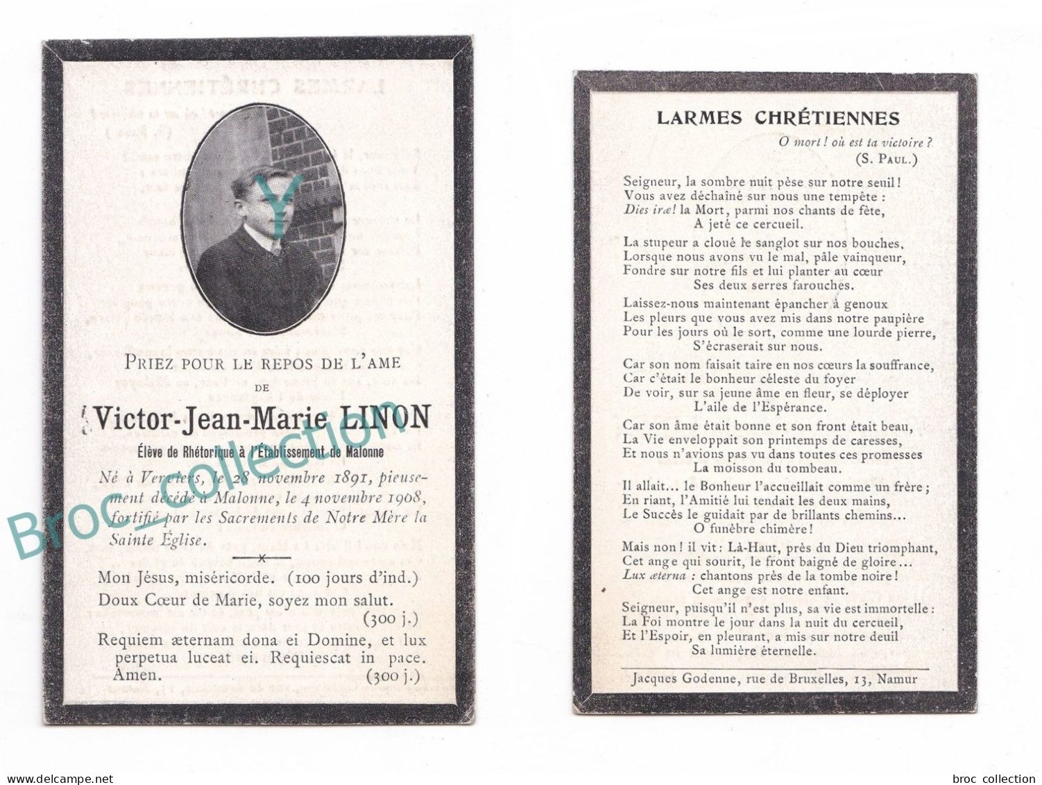 Verviers, Malonne, Mémento De Victor Jean-Marie Linon, 4/11/1908, 17 Ans, Enfant, Souvenir Mortuaire, Décès - Images Religieuses
