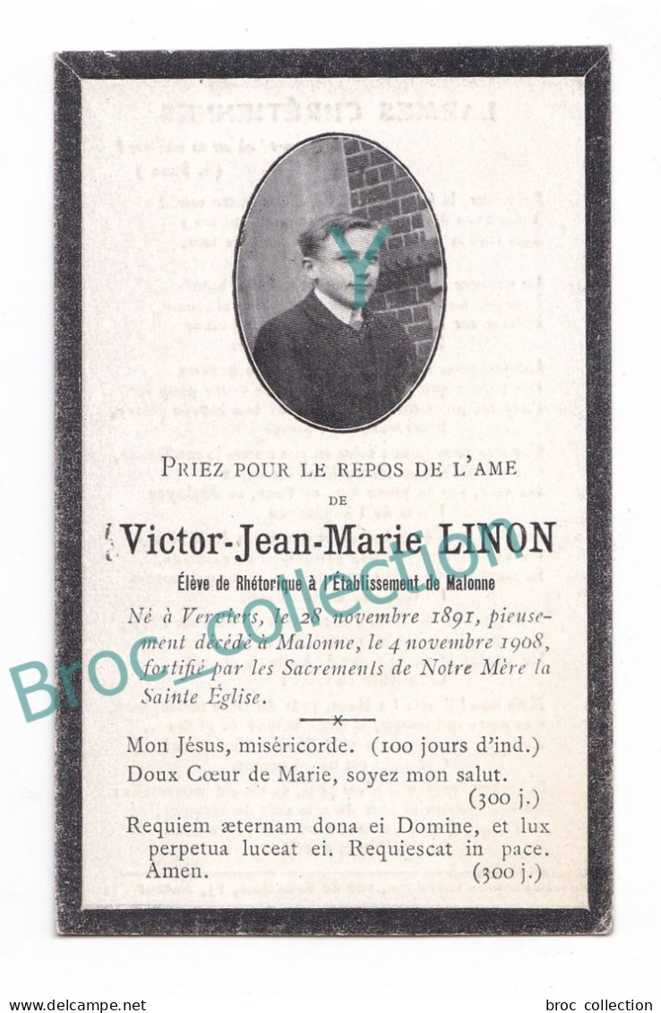 Verviers, Malonne, Mémento De Victor Jean-Marie Linon, 4/11/1908, 17 Ans, Enfant, Souvenir Mortuaire, Décès - Devotion Images