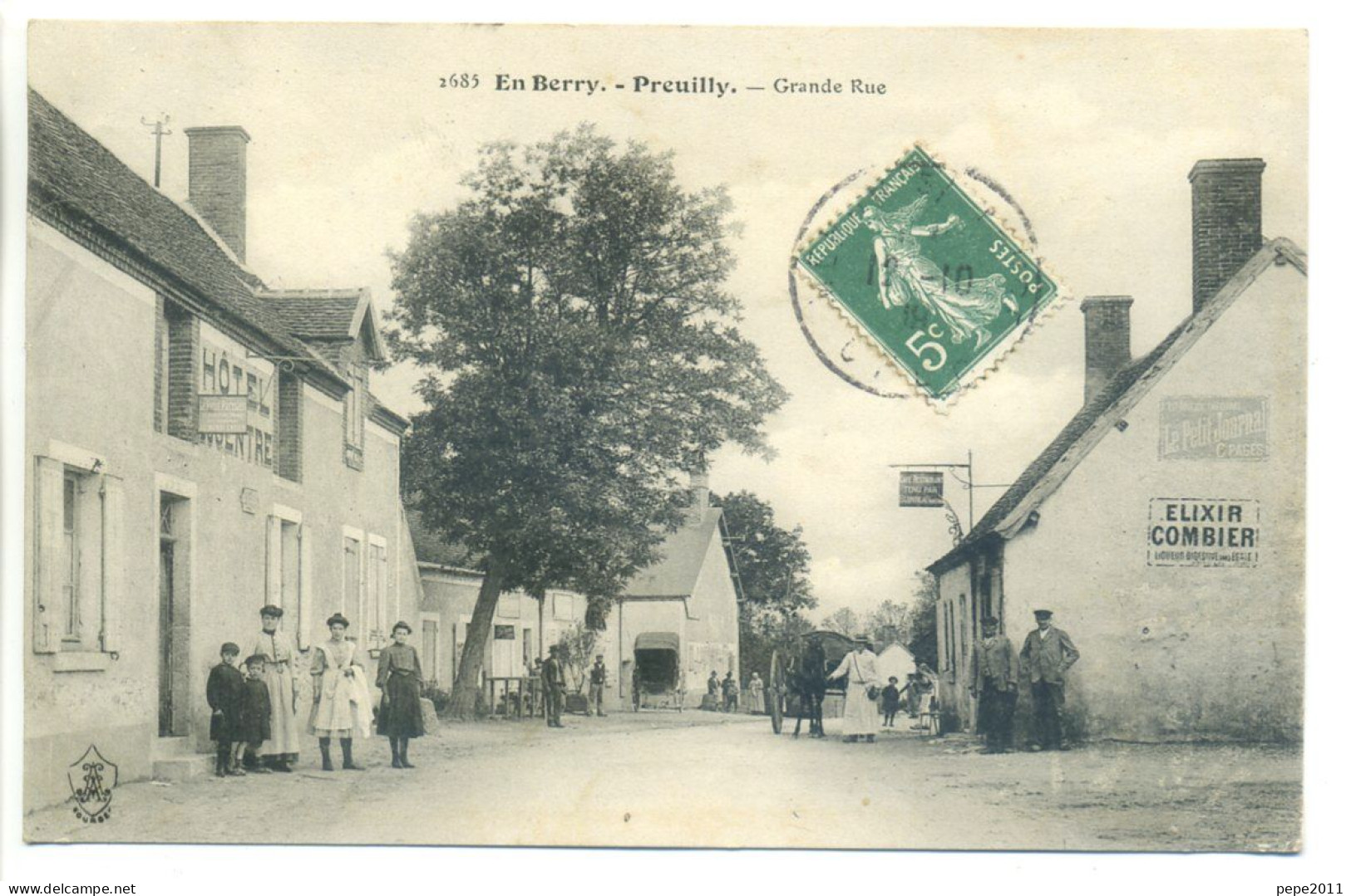 CPA 18 Cher - PREUILLY - Grande Rue - Animation, Marchand Ambulant, Hôtel, Pub - Peu Commune - Mehun-sur-Yèvre