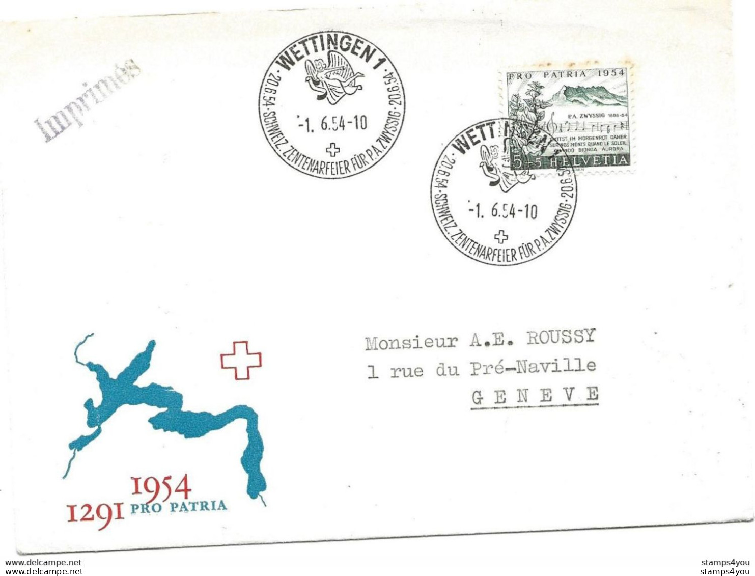 125 - 7 - Enveloppe Avec Oblit Spéciale "Wettingen Schweiz. Zenterarfeier Für PA Zwyssig 1954" - Marcofilie