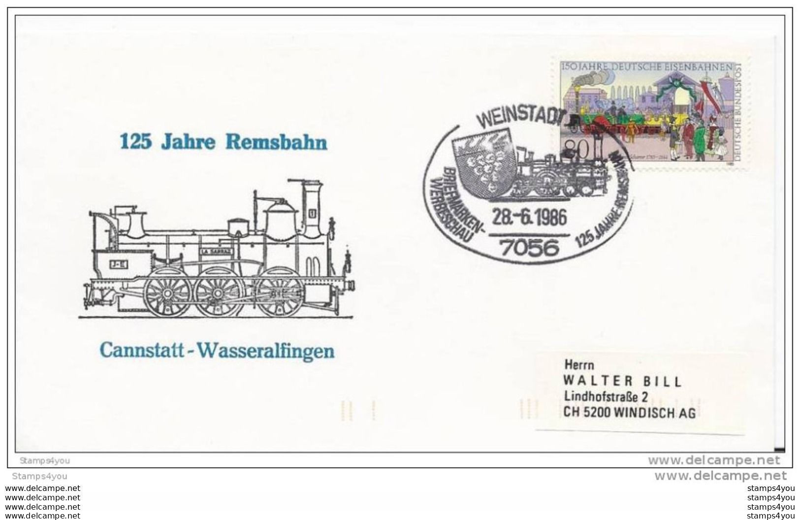 228 - 19 - Enveloppe Allemande Avec Oblit Spéciale De Weinstadt 1986 "125 Jahre Remsbahn" - Trains