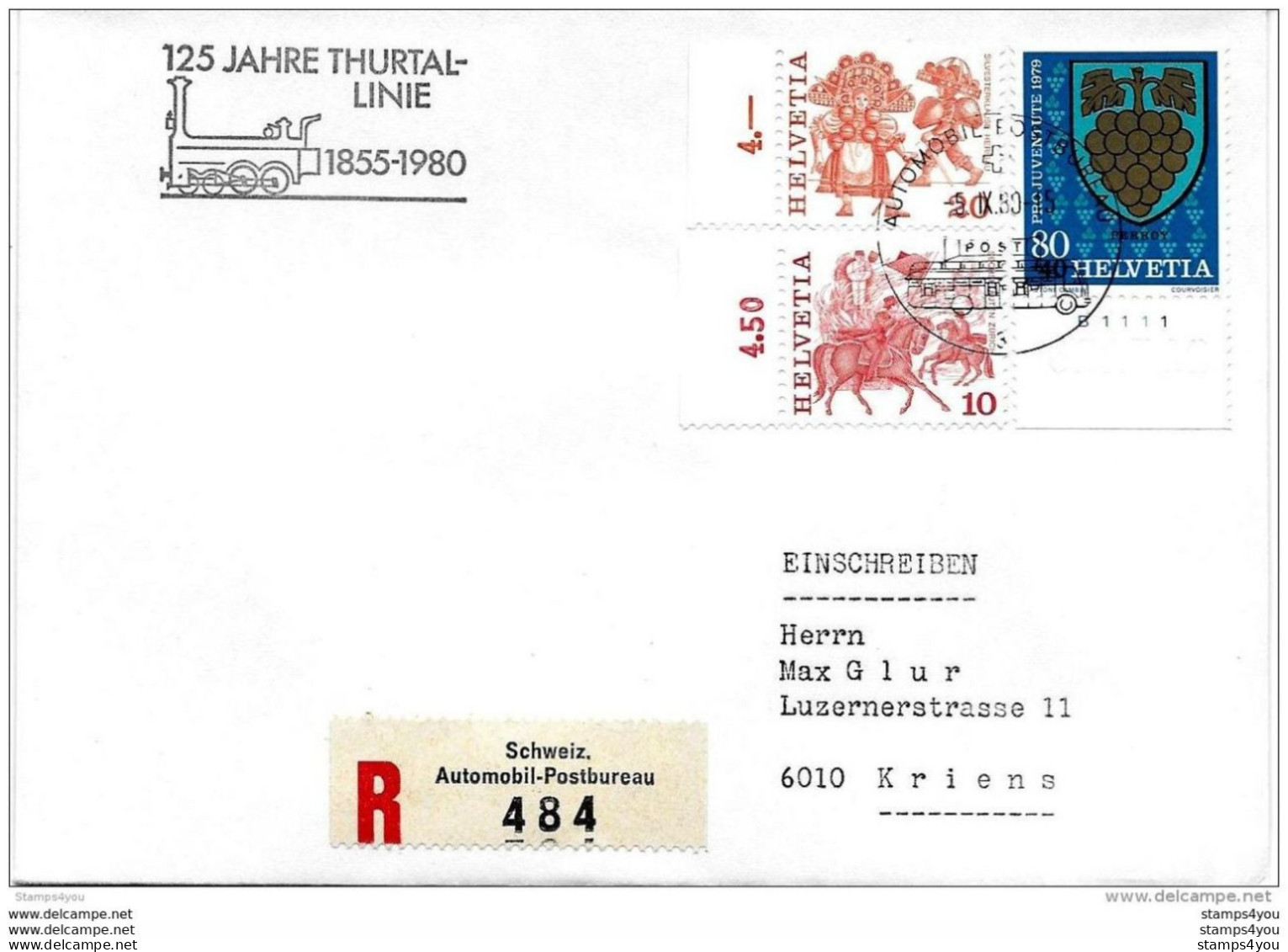 228 - 77 -  Enveloppe Suisse Recommandée Avec Oblit Spéciale "125 Jahre Thurtal-linie 1980" - Trenes