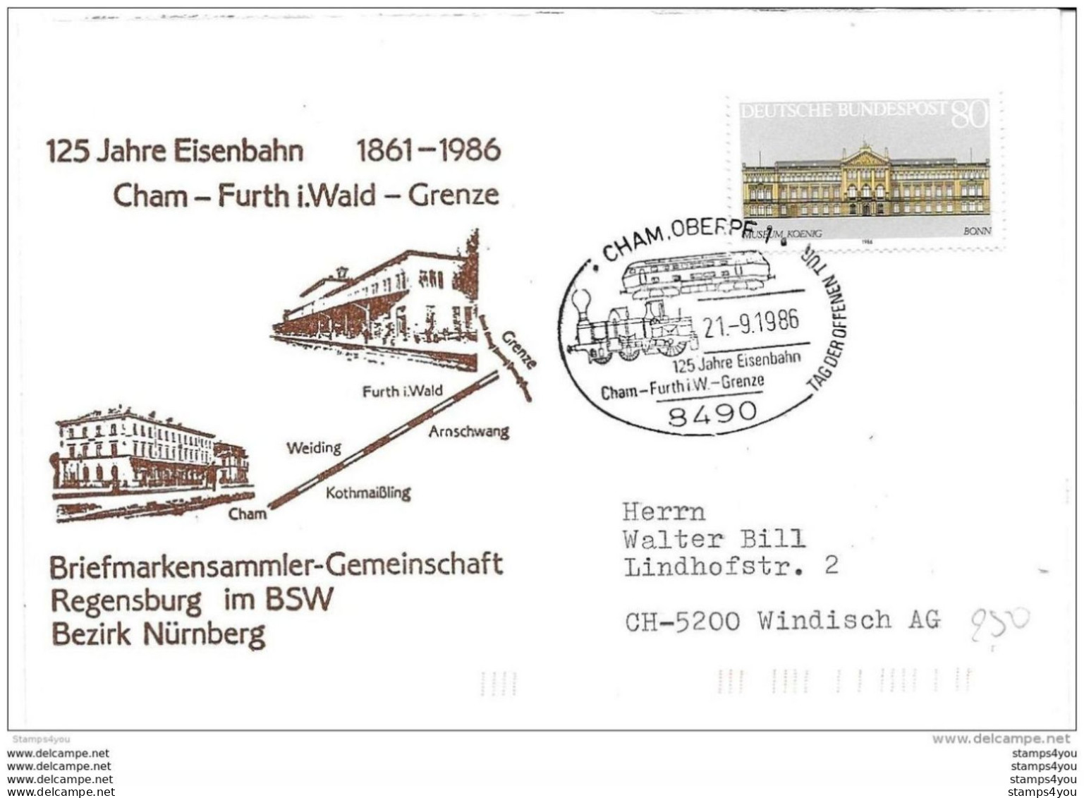 61 - 13 - Enveloppe Allemande Avec Oblit Spéciale "125 Jahre Eisenbahn Cham-Furth I. Wald - Grenze 1986" - Trains