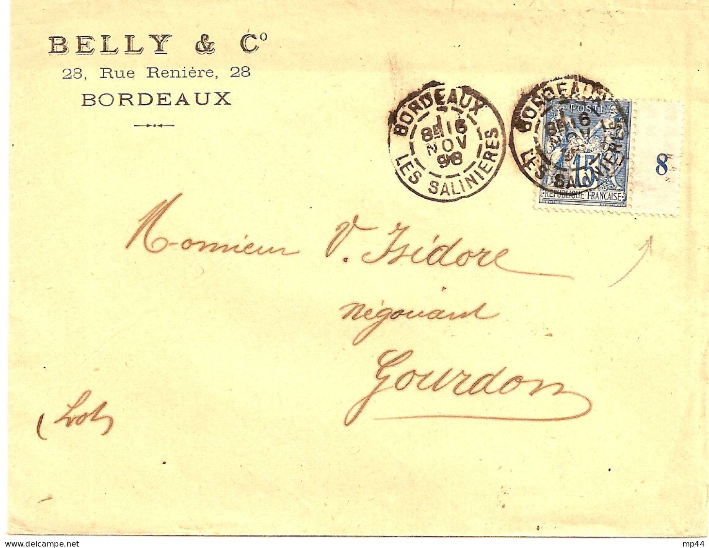 1J1 --- 33 BORDEAUX LES SALINIERES 15c Sage Millésime Belly & Cie - 1877-1920: Semi-moderne Periode