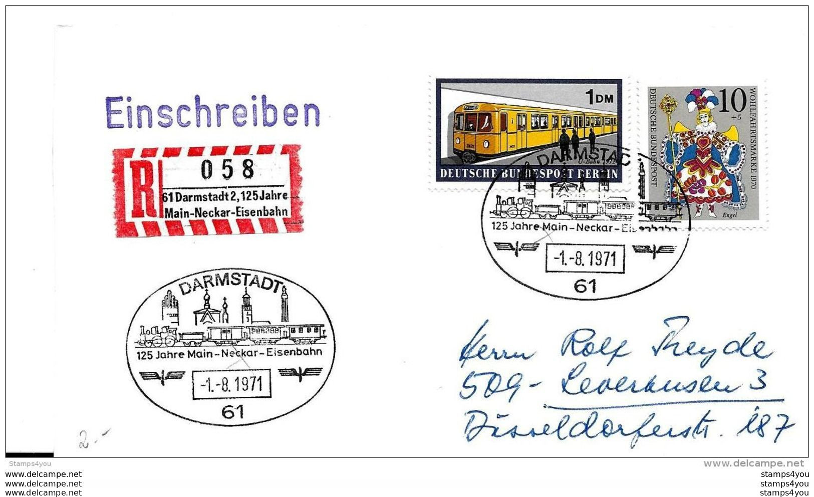 141 - 39 - Enveloppe Allemande Recommandée Avec Oblit Spéciale De Darmstadt "125 Jahre Main-Neckar-Eisenbahn 1971" - Trains